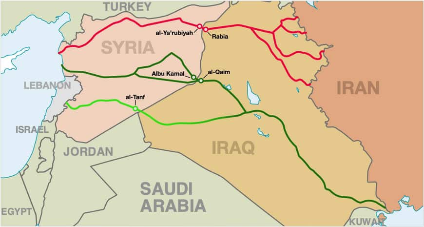 Figure 1. The northern (red) and southern (green) routes of the land bridge. The southern route has upper and lower branches that pass, respectively, through al-Qaim/Albu Kamal and al-Tanf. Source: Foundation for Defense of Democracies and Labyrinth Consulting Services, Inc.