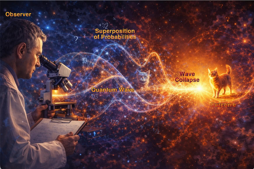 Figura 5. La funzione d'onda quantistica contiene tutte le probabilità. L'atto di osservare e misurare fa collassare l'onda in un risultato. Fonte: Labyrinth Consulting Services, Inc.