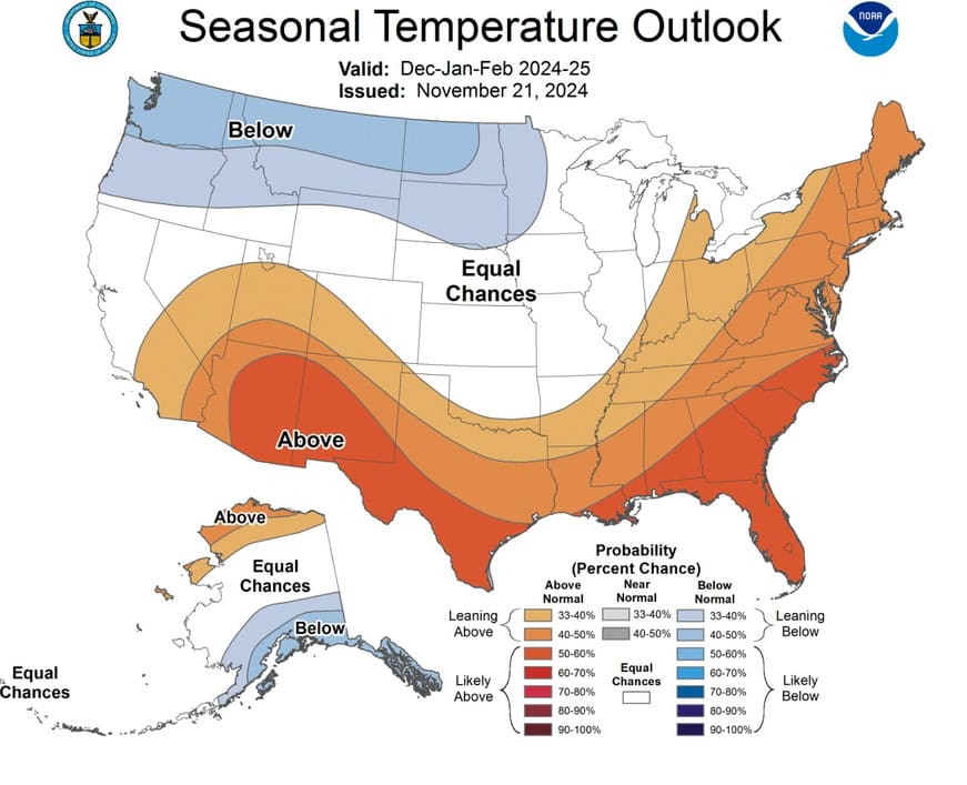 Figure 4. The seasonal temperature outlook suggests a fairly normal winter through February 2025. Source: NOAA.